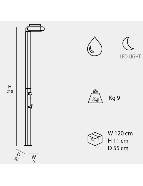 Doccia tradizionale QUICK Q825 in alluminio smontabile con lavapiedi  e soffione a LED Arkema