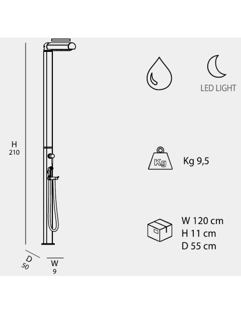 Doccia tradizionale QUICK Q845 in alluminio smontabile con soffione a LED e doccetta mobile Arkema