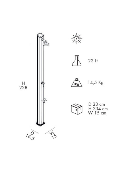 Doccia Solare JOLLY S Alluminio 22 litri con miscelatore  + lavapiedi 9 colori per piscina giardino Arkema Design