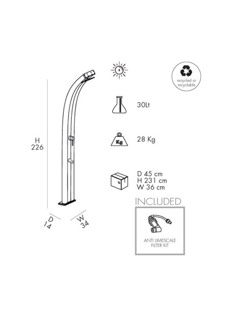 Doccia Solare DADA Alluminio 30 litri con miscelatore + lavapiedi esterno piscina giardino Arkema Design