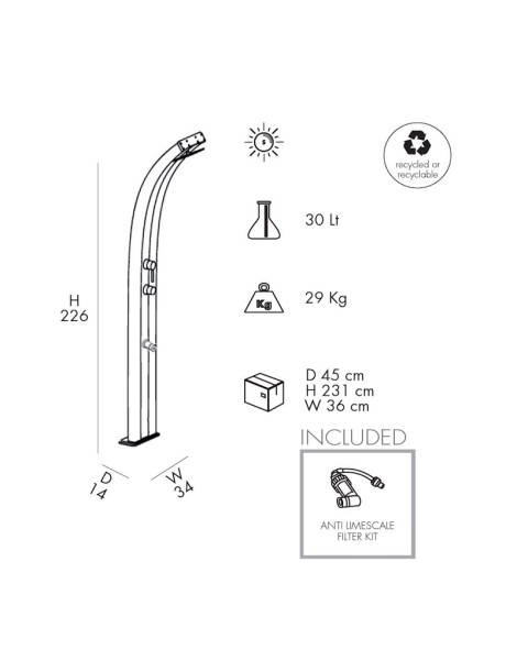 Doccia Solare DADA D330 Alluminio 30 litri con miscelatore + lavapiedi + pulsante temporizzato esterno piscina giardino Arkema