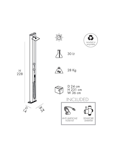 Doccia Solare DADA S Alluminio 30 litri con Miscelatore acqua calda fredda e doccetta estraibile per giardino Arkema