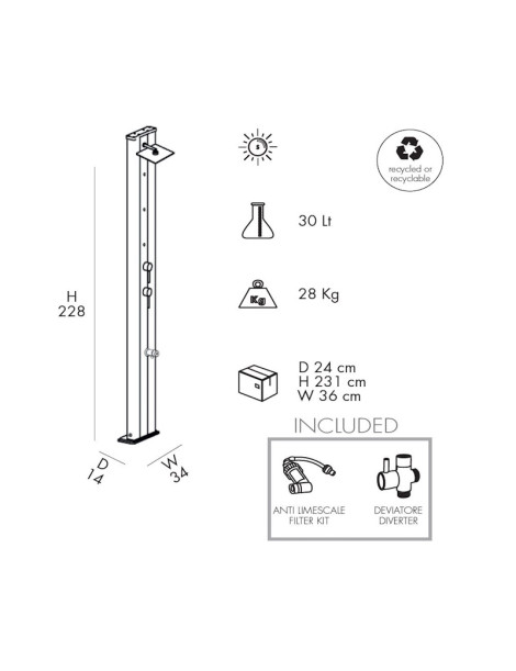 Doccia Solare DADA S D450 Alluminio 40 litri con Miscelatore acqua calda fredda e nebulizzatori per giardino Arkema